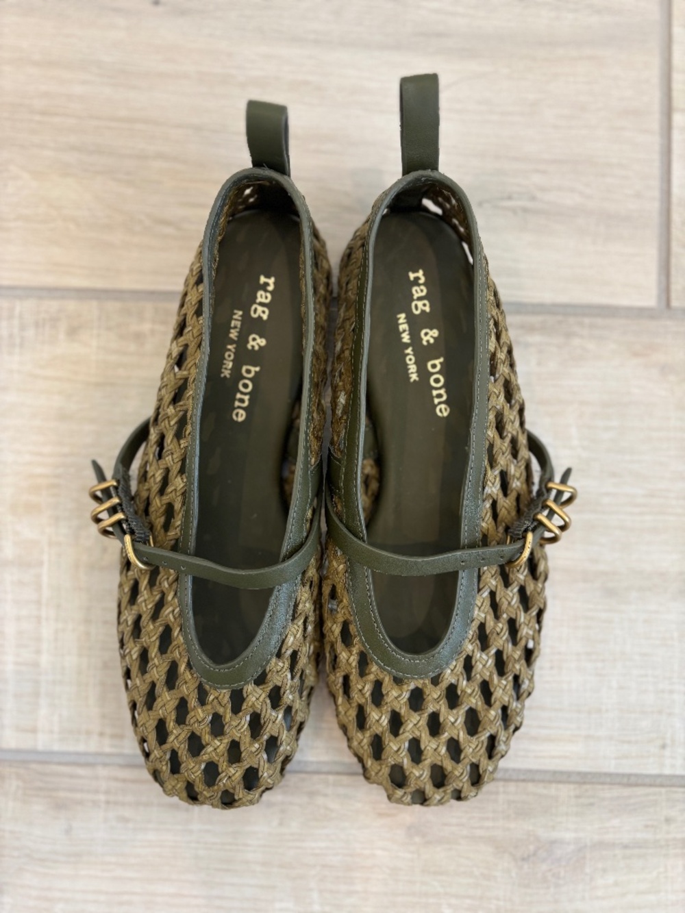 rag & bone Spire Woven Mary Jane Flats Loden Green Sz 37 US 7